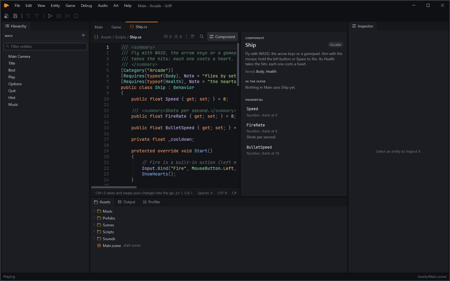 Griff's script editor with the Arcade template's Ship script open, and the component it makes beside the code.