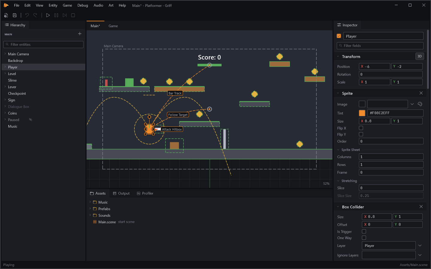 Griff's editor with the Platformer template open: the Hierarchy, the Scene view with the player selected and arrows to what its fields name, and the Inspector showing its components.